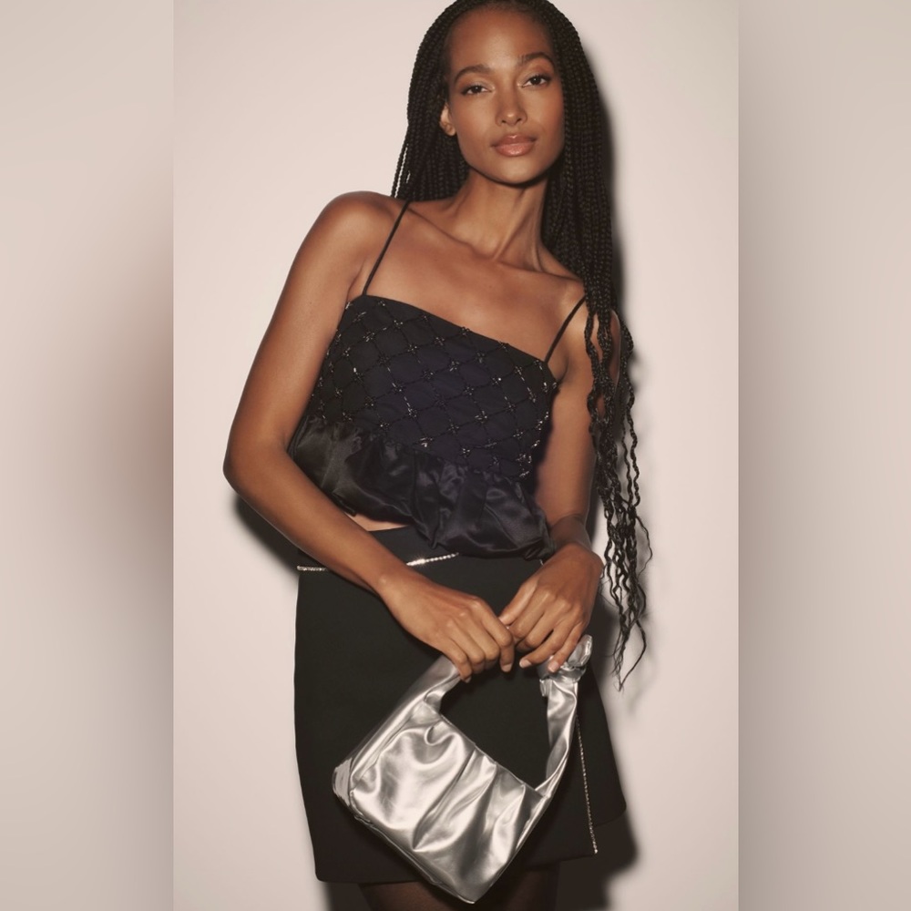 Anthropologie Beaded Strappy Satin Crop Top